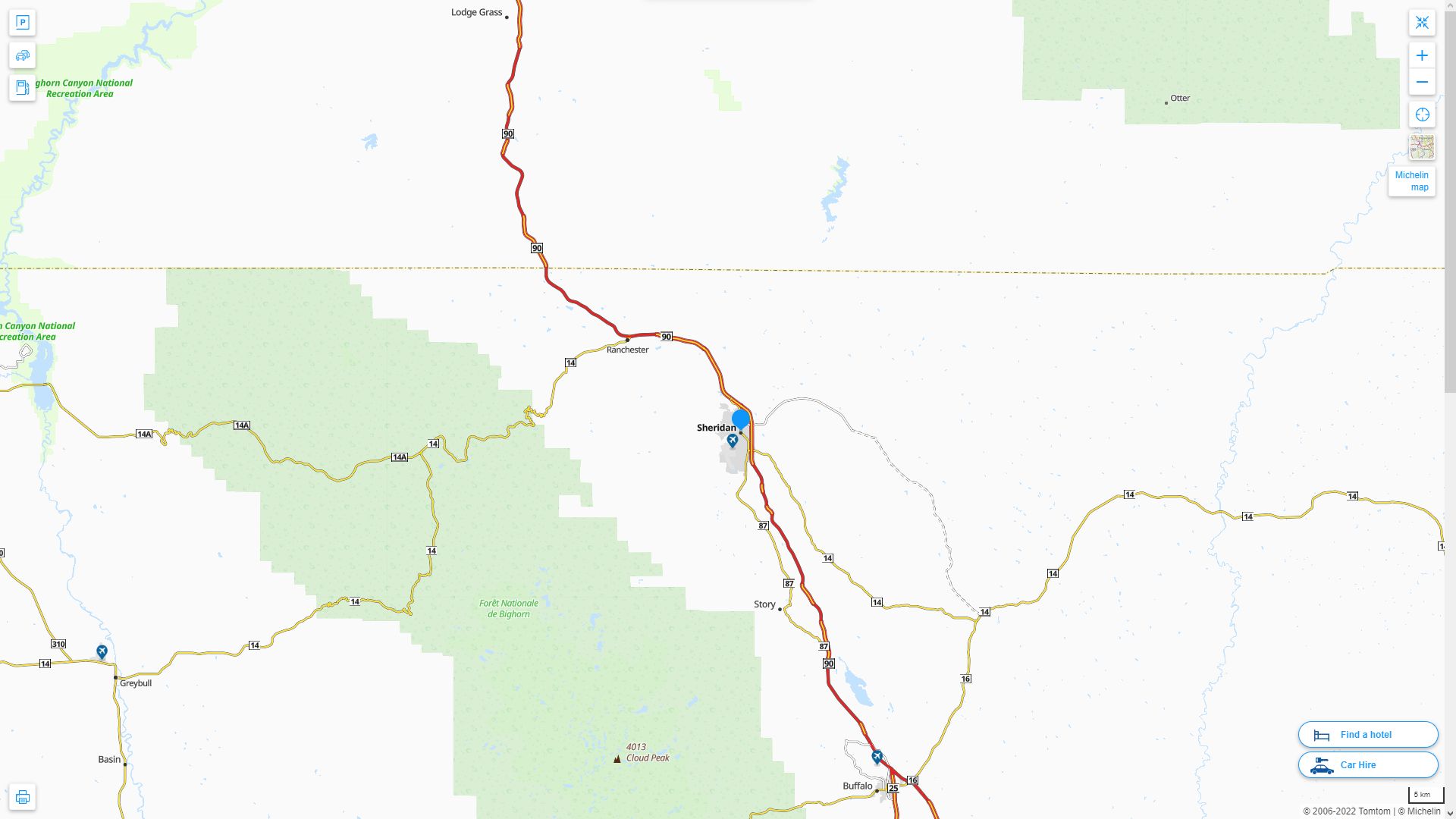 Sheridan Wyoming Highway and Road Map